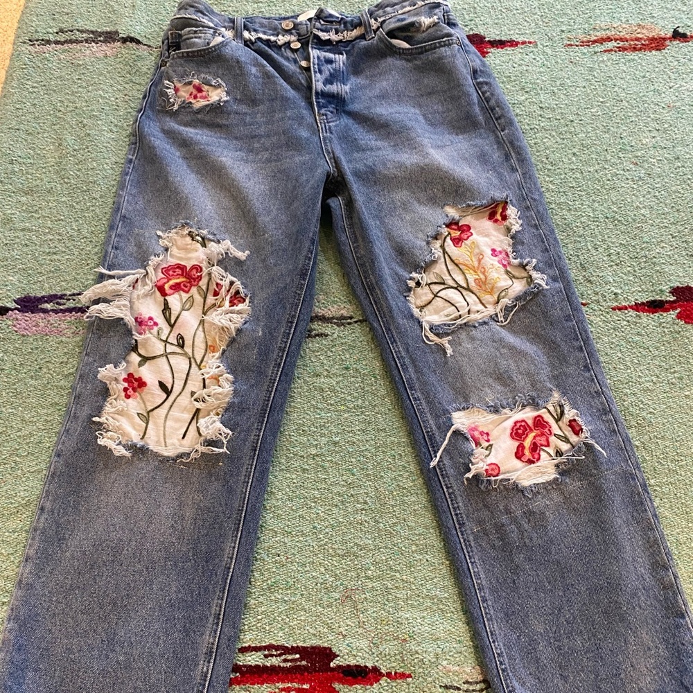 KanCan Blue Jeans with Floral Embroidery
